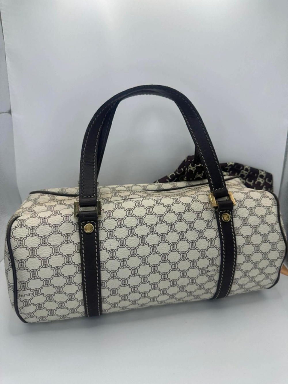 Celine Cream and Brown Monogram Top Handle Bag with Branded Scarf - Picture 11 of 13